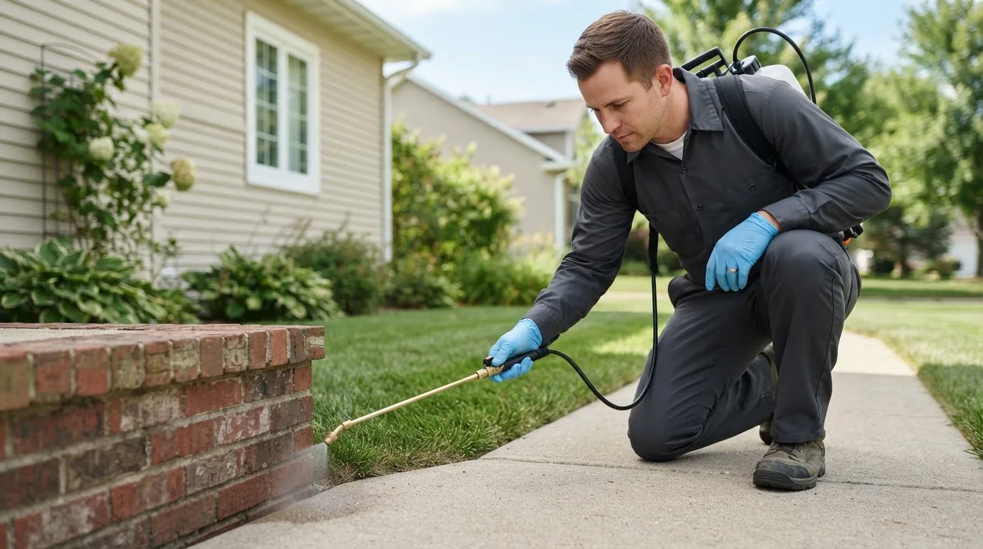 Pest control technician treating a home near West Chesterfield, NH